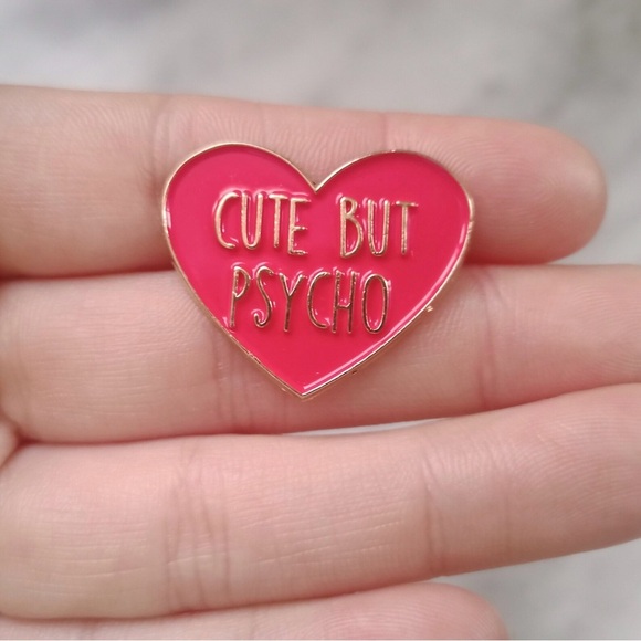 Cute but Psycho Heart Enamel Pin - Funny Red & Gold Brooch - Picture 5 of 8